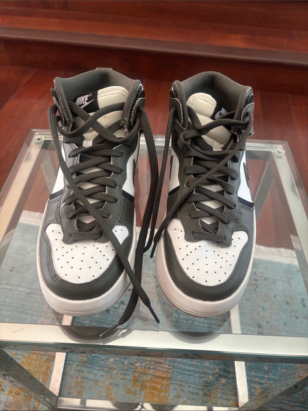 Nike Dunks High Up Leather Sneakers White and Cargo Khaki in excellent condition